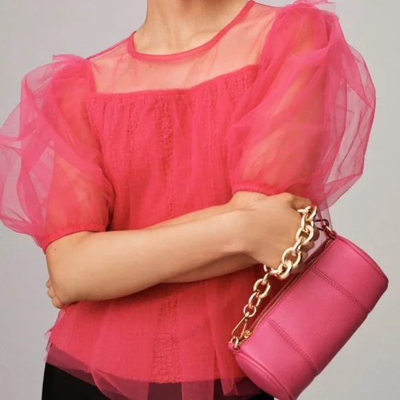 Anthropologie size Medium puff sleeve pink top - Picture 2 of 3